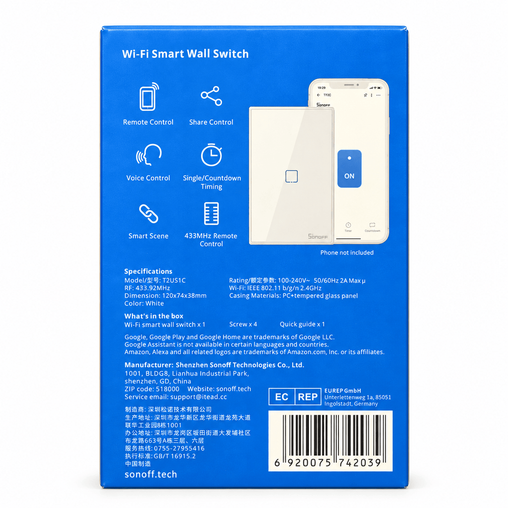 Interruptor Inteligente Wi‑Fi SONOFF T2US1C – 1 tecla, blanco